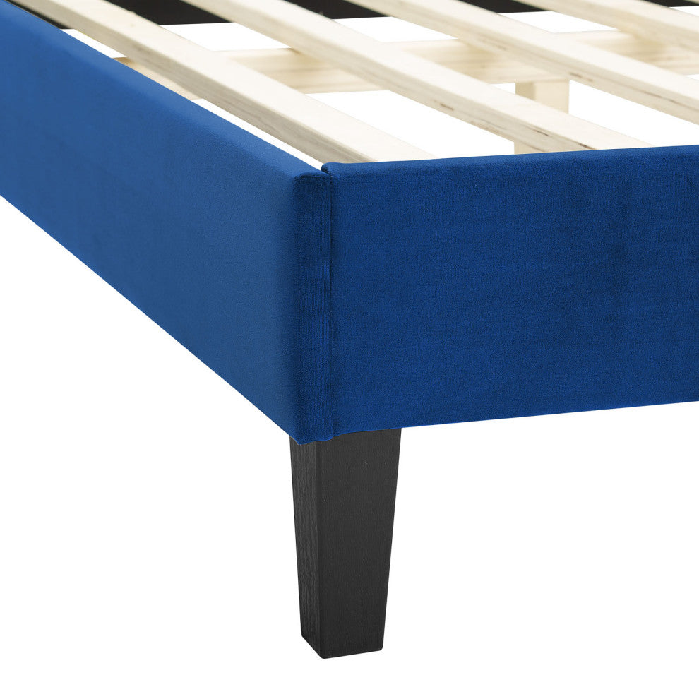 Platform Bed Frame, King Size, Blue Navy, Velvet, Modern, Bedroom Guest Suite