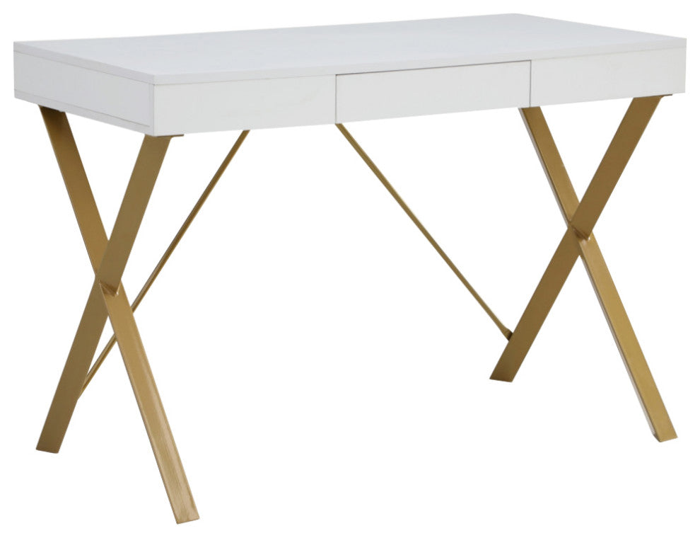 Loft Lyfe Clint Desk, 1 Storage Drawer, White/Gold 43.3Lx21.7Wx30H