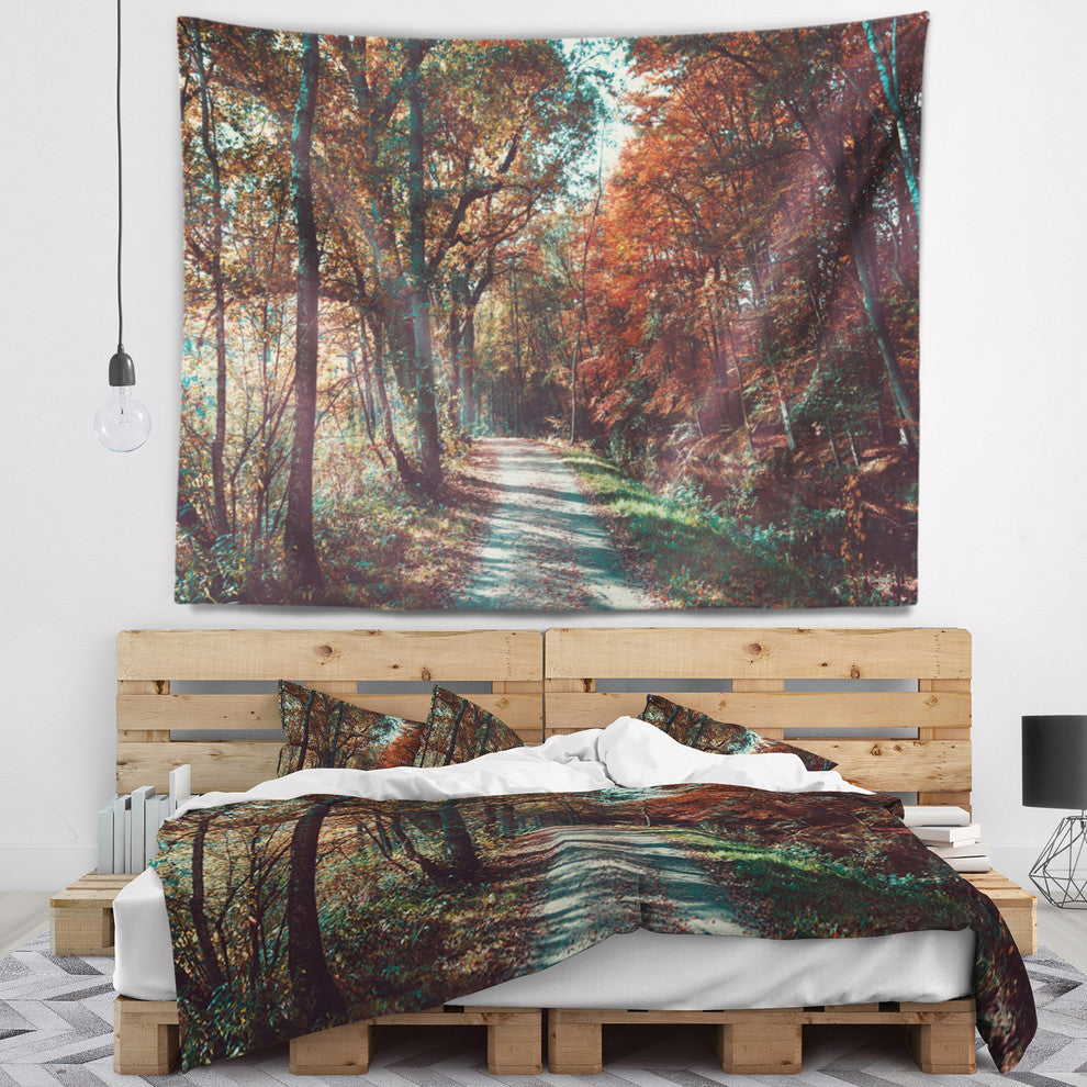 Road Through Red Fall Forest Landscape Photo Wall Tapestry, 92"x78"