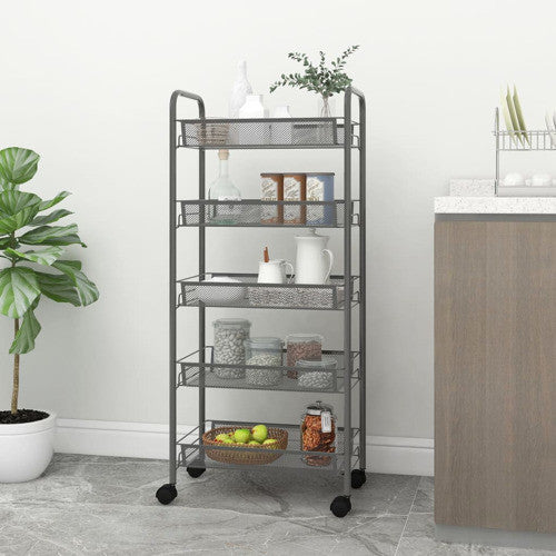 vidaXL 5-Tier Kitchen Trolley Storage Utility Cart with Mesh Baskets Gray Iron