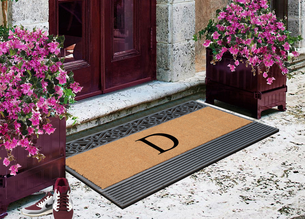 Rosewood Black/Beige 24"x36" Rubber And Coir Monogrammed Doormat, D
