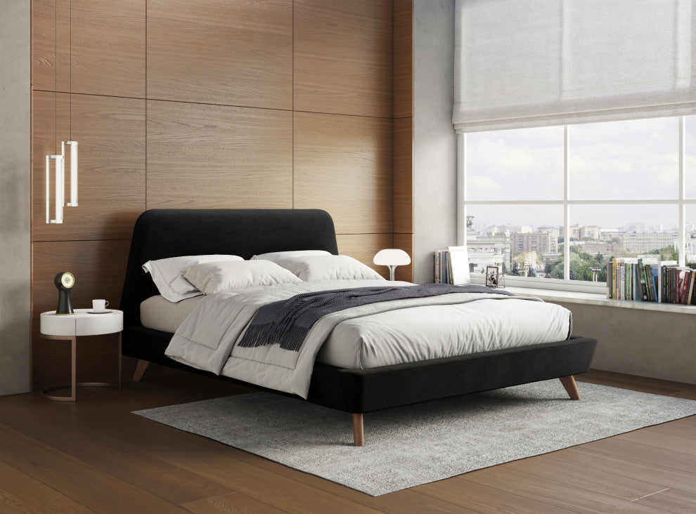 Henry Mid-Century Modern Upholstered Platform Bed, Dark Gray, Queen