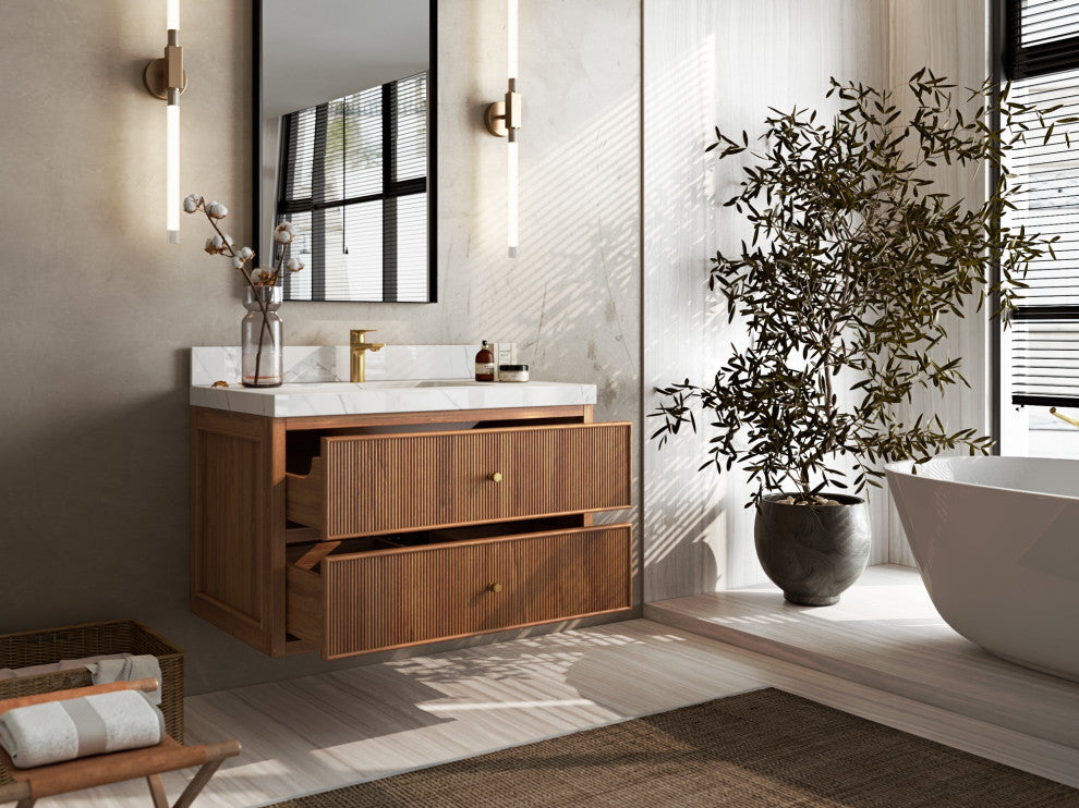 Sonoma Floating 36 Single Sink Vanity in Dark Natural with 2" Calacatta Nuvo