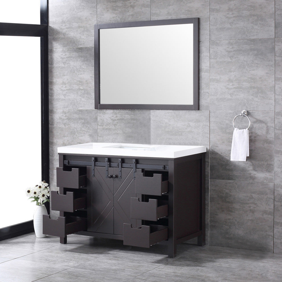 Marsyas 48" Brown Single Vanity Cabinet Quartz Top Square Sink, 44" Wall Mirror