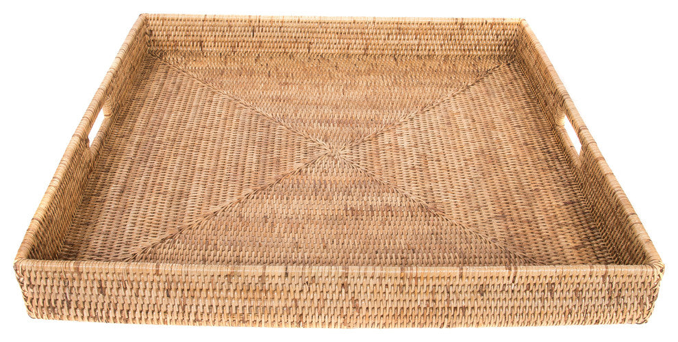 Artifacts Rattan™ Square Ottoman Tray with Cutout Handles, Honey Brown, 20"x20"