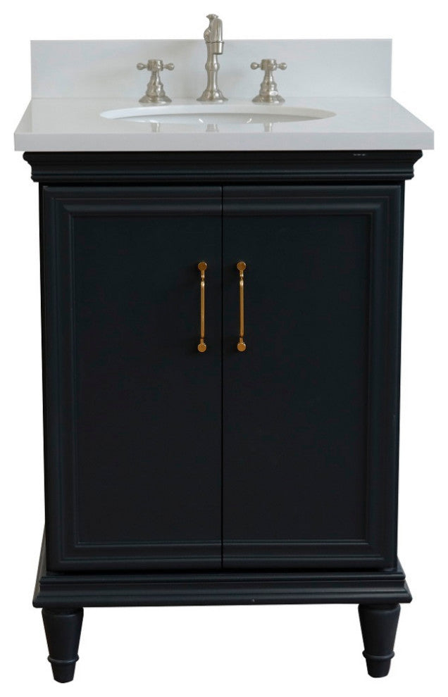 25" Single Vanity, Dark Gray Finish With Engineered Stone Top And Oval Sink