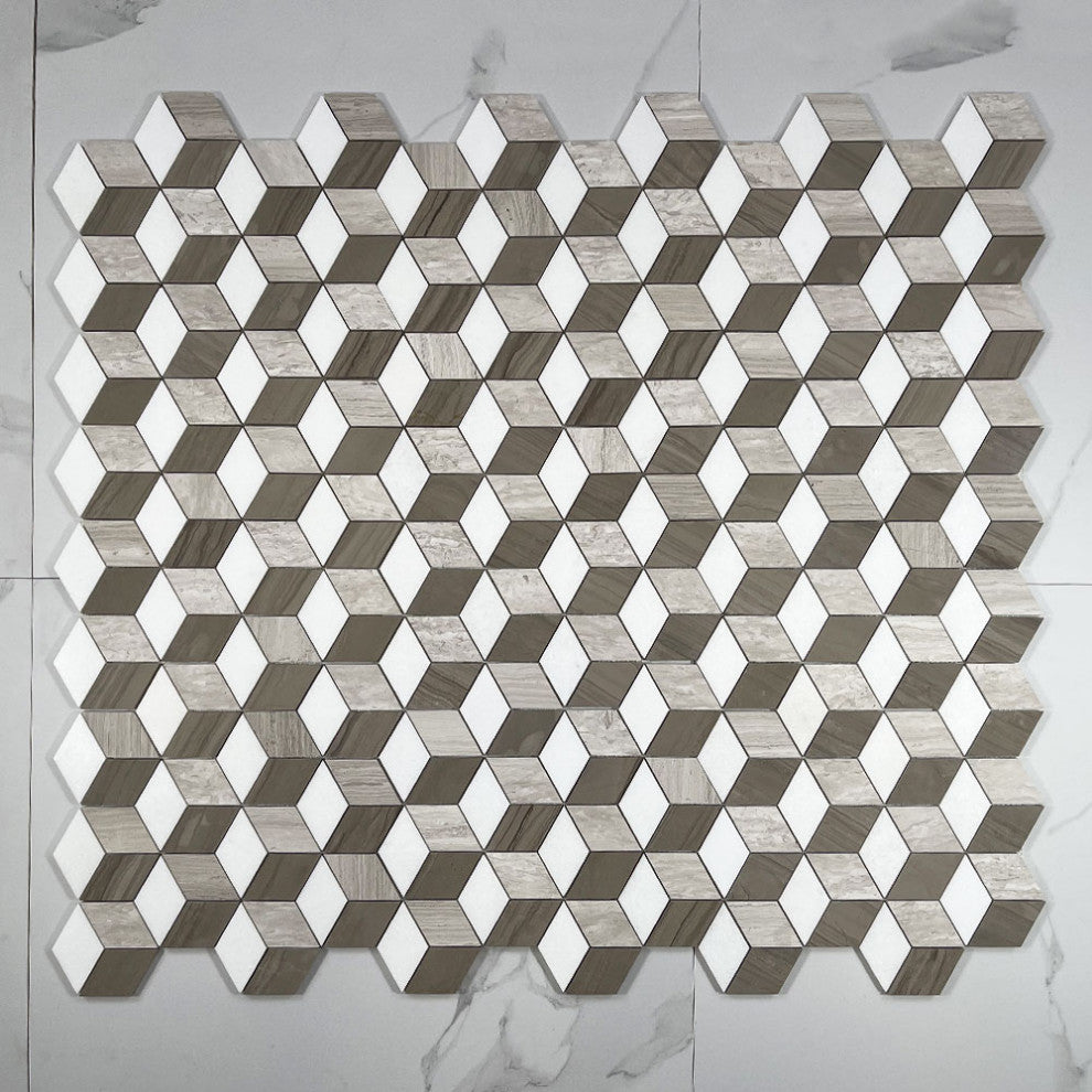 Athens Silver Cream Marble 3D Cube Diamond Geometry Hex Mosaic Tile, 1 sheet