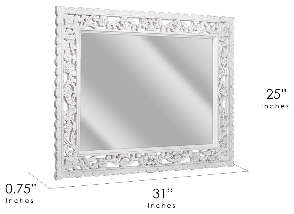 American Art Decor Hand-Carved Floral Wood Panel and Decor Mirror, White