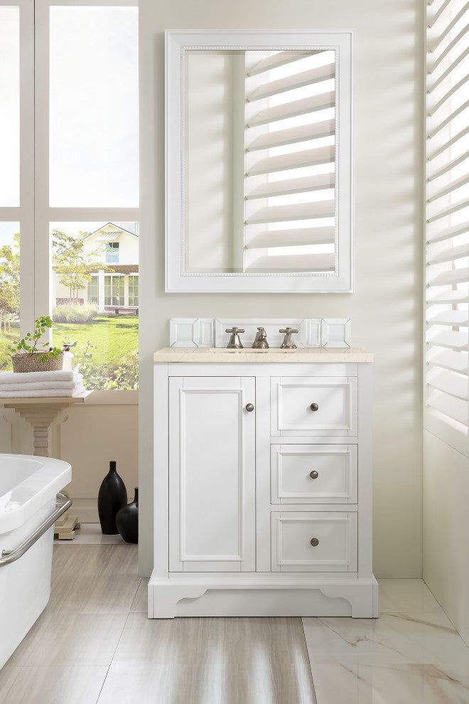 De Soto 30" Single Vanity, Bright White, 3CM Eternal Marfil Quartz Top