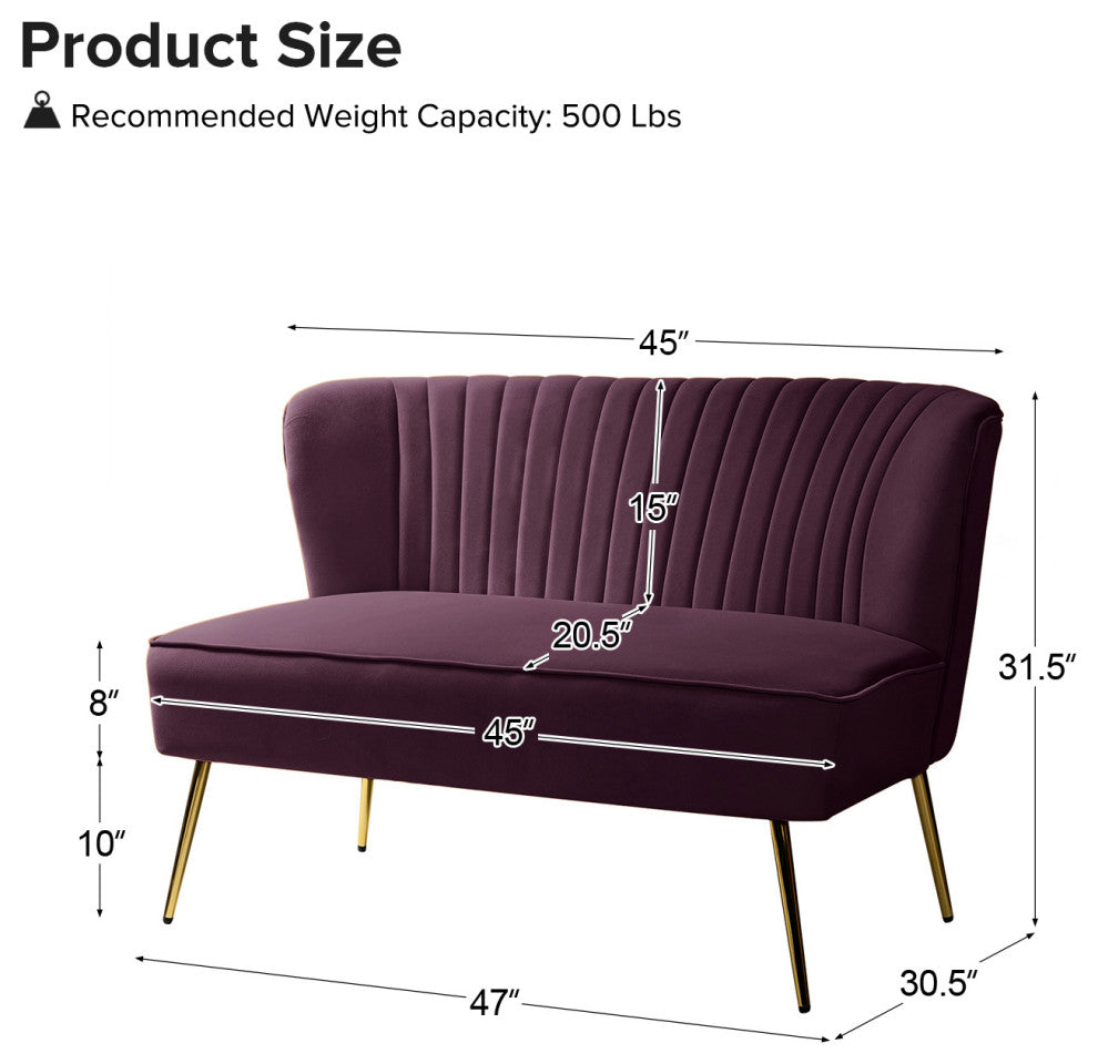 Velvet Tufted Loveseat Sofa With Golden Base, Purple