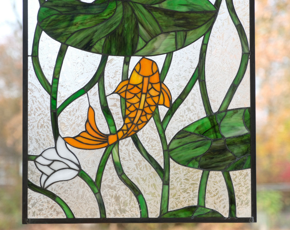 20.25" x 34.5" Fish Play Lotus Leaf Tiffany Style glass window panel