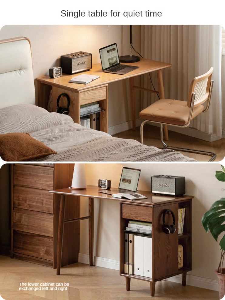 Oak Solid Wood Office Desk, Natural Wood, 35.4x22x29.5", + Cabinet