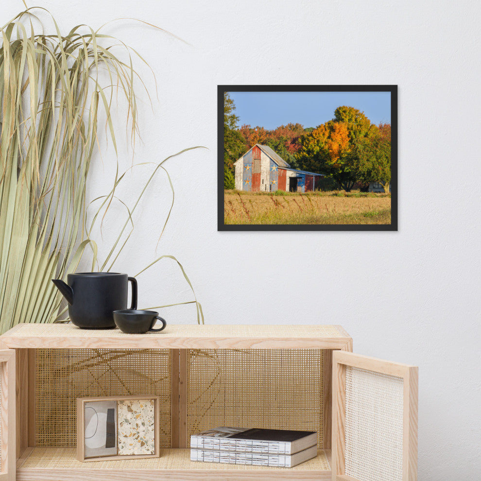 Patriotic Barn in Field Rural Landscape Framed Photo Paper Wall Art Prints, Black, 16" X 20"