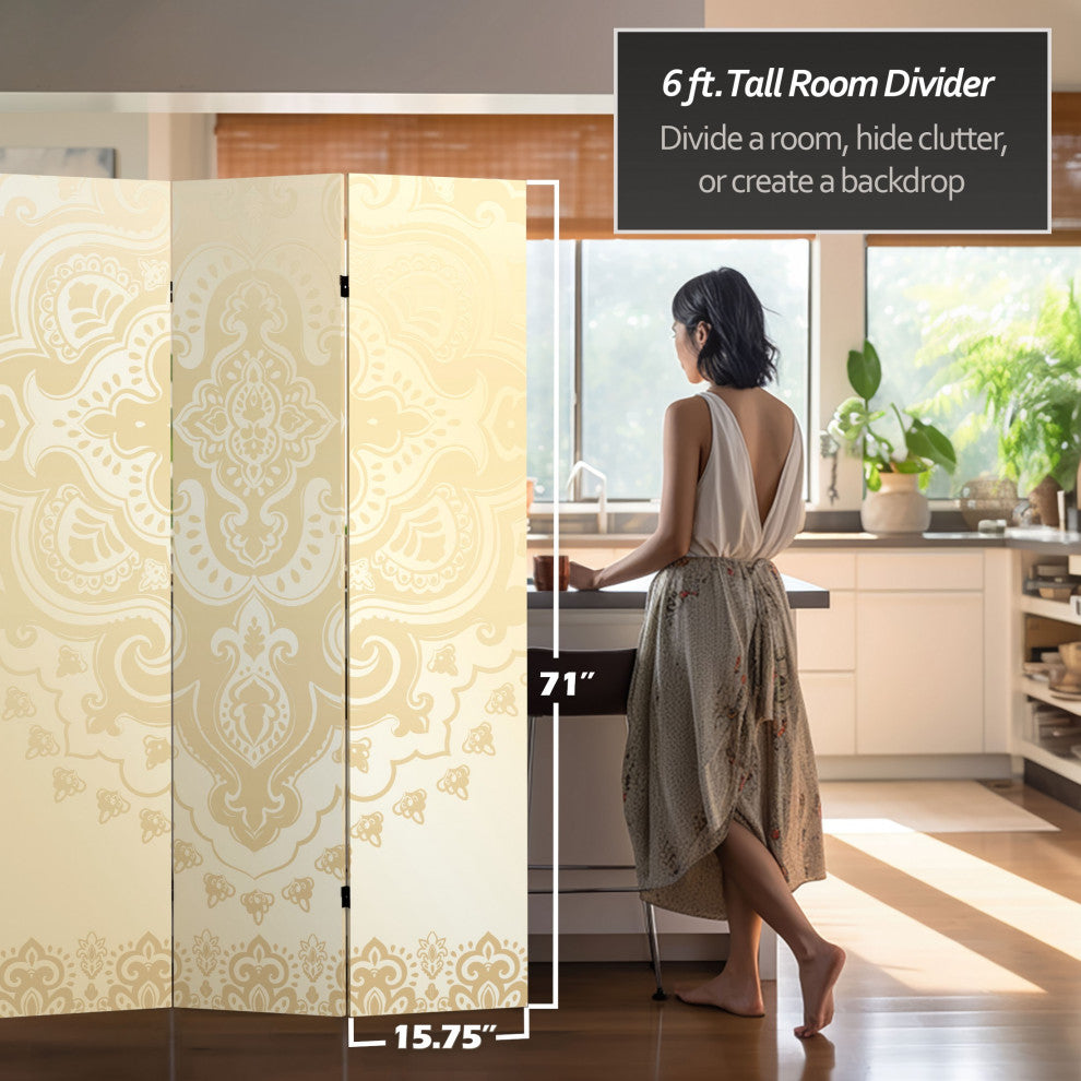 6'' Tall Double Sided Ivory Indian Pattern Canvas Room Divider