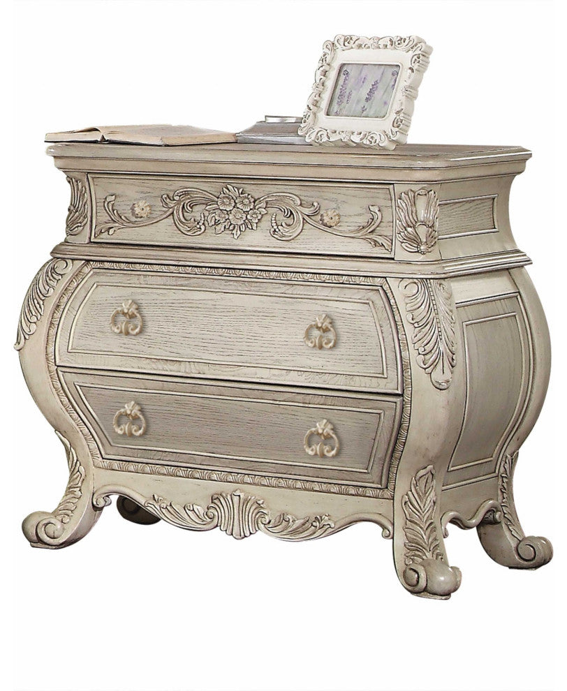 34" Antiqued White Three Drawers Solid Wood Nightstand
