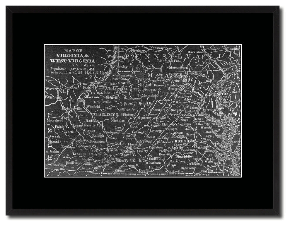 Virginia West Virginia Vintage Monochrome Map Canvas, 16"x21"