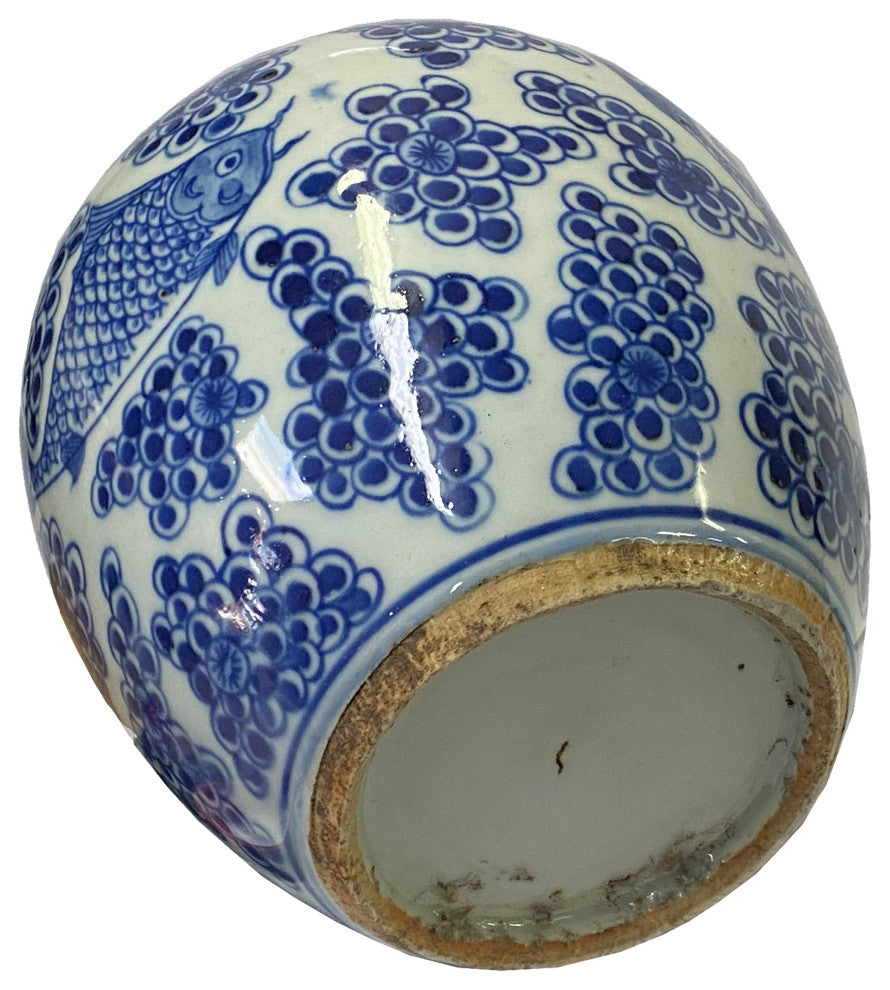 Oriental Handpainted Fishes Small Blue White Porcelain Ginger Jar Hws2325