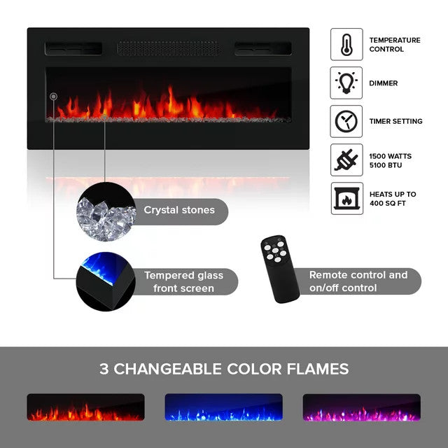 Modern Floating Fireplace Entertainment Center, High Gloss Finish, Black