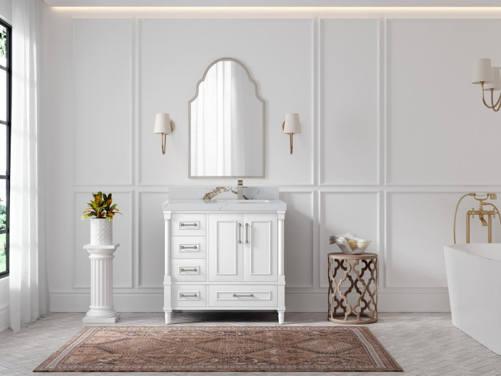 Aberdeen 36 Right Offset Bath Vanity in White 2" Calacatta Gold