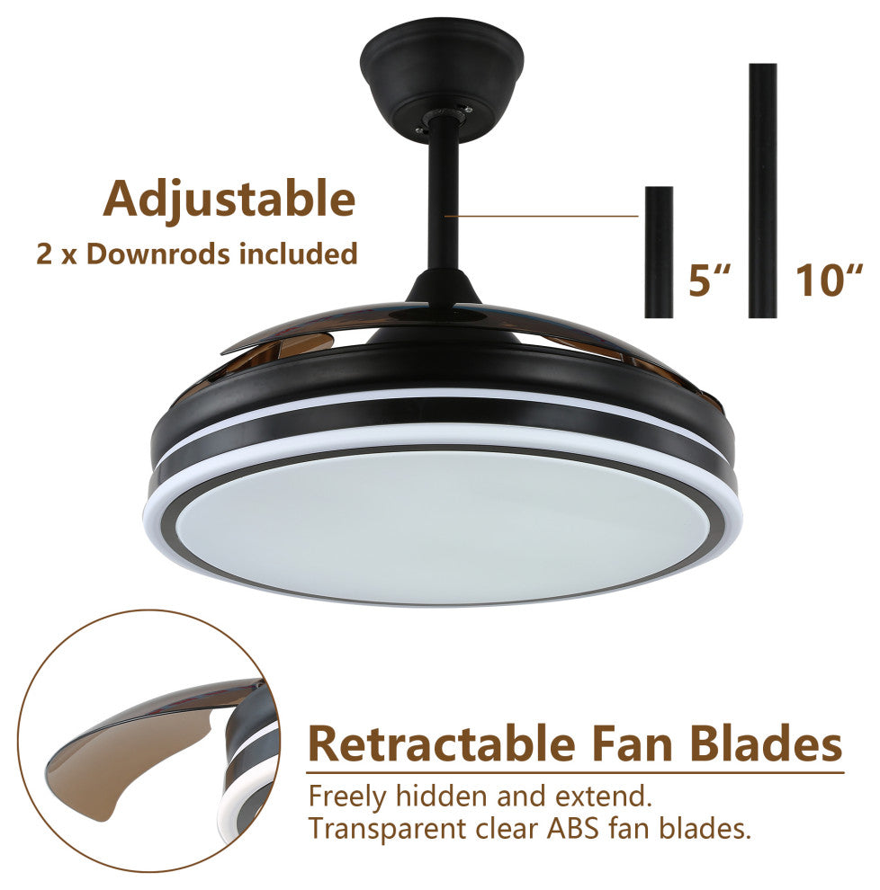 42" Modern Drum Ceiling Fan with Retractable Blades, 3-speed, light and Remote, Black