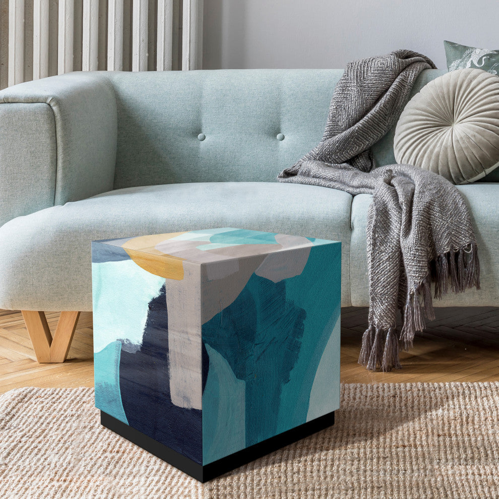 "Puzzle Blues II" Reverse Printed Art Glass Side Table with Black Plinth Base