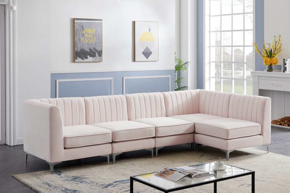 Alina Velvet Modular L-Shaped Modular Sectional, Pink, 5-Piece: 3 Armless Chair, 2 Corner Chair