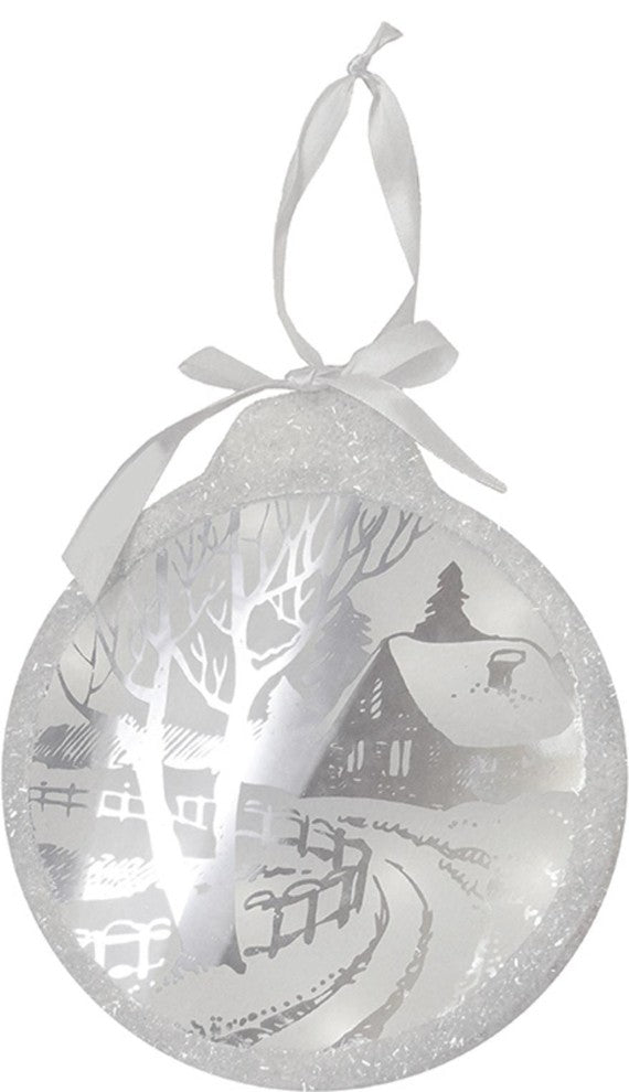 8" Pre-Lit  LED White Sparkle Winter Cottage Scene Round Christmas Ornament