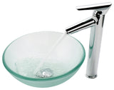 Frosted 14" Glass Vessel Bathroom Sink, PU Drain, Mounting Ring, Nickel
