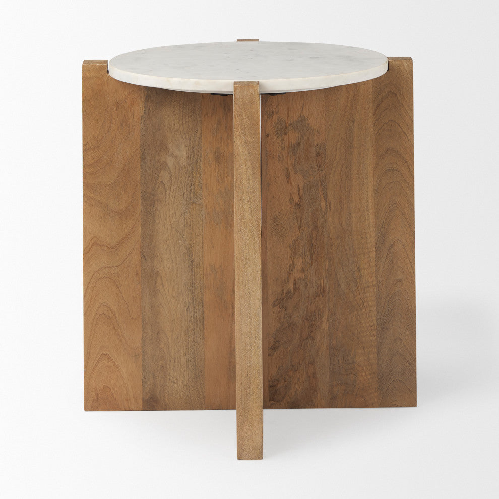 Bianca Light Brown Solid Wood w/ White Marble Top Accent Table