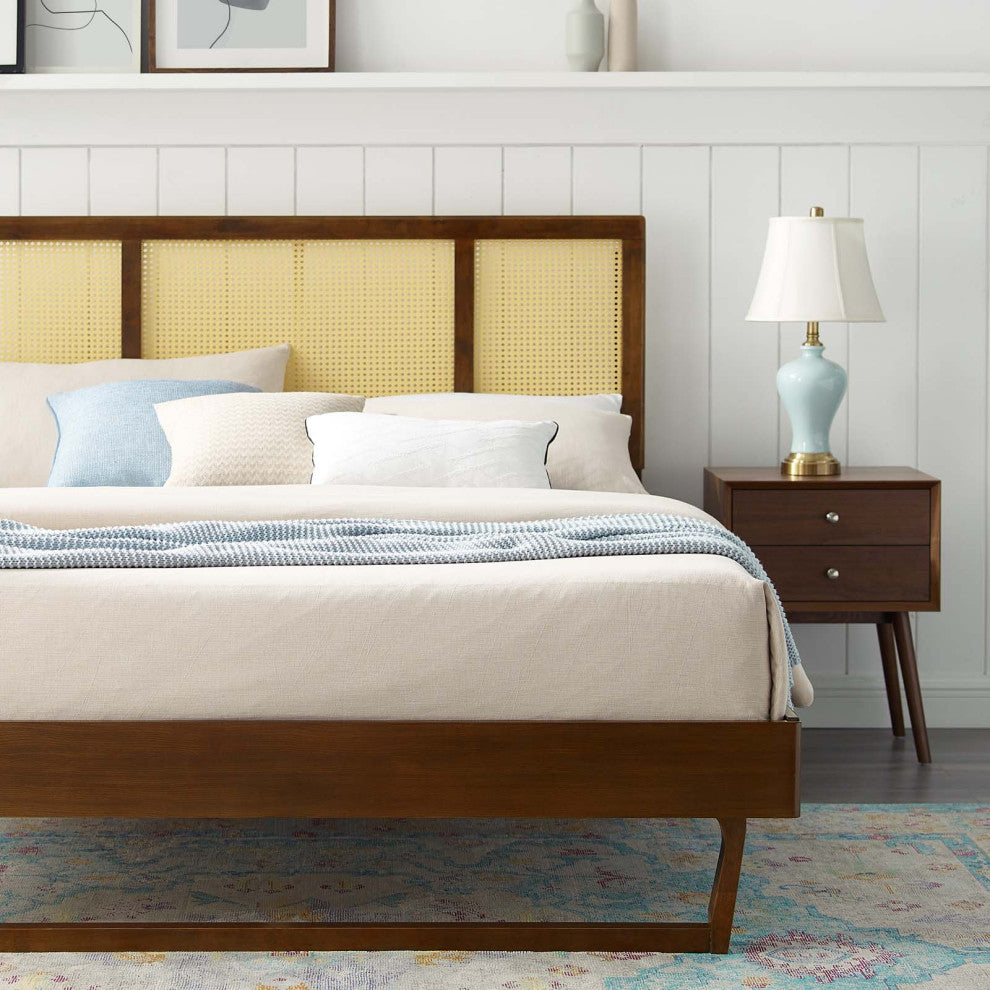 Platform Bed Frame, King Size, Wood, Brown Walnut, Modern Mid-Century, Bedroom