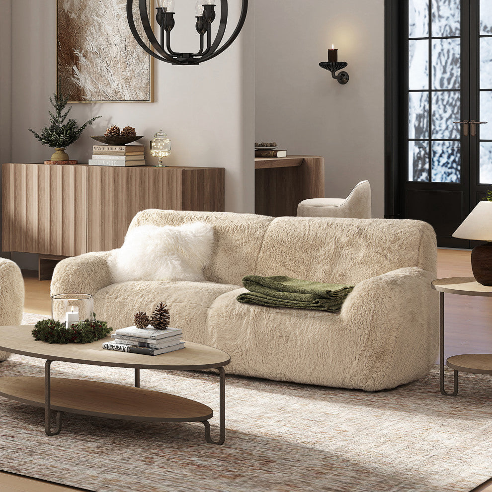 Summit 83" Sheepskin Sofa, Cream Beige Faux Fur