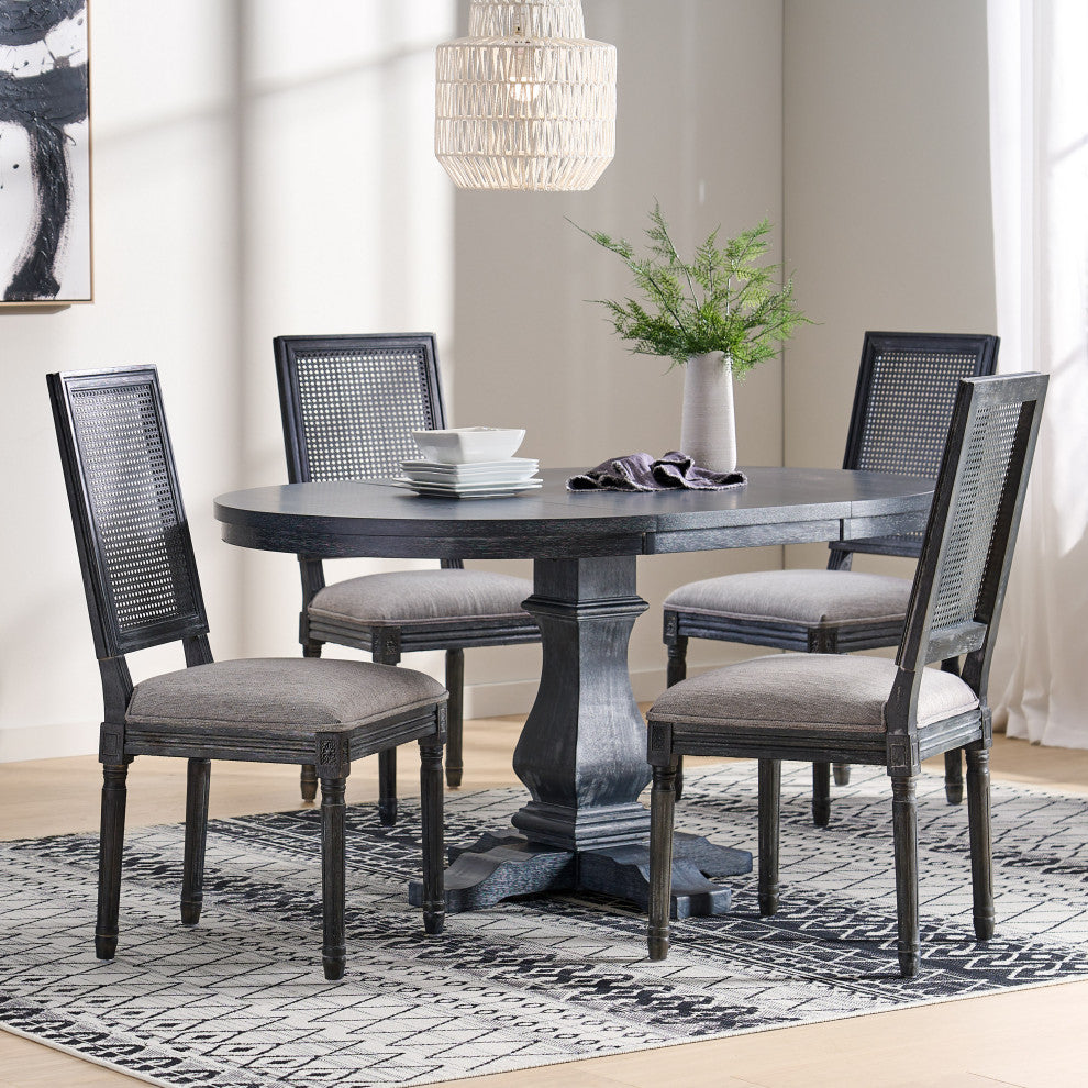 Brownell French Country Wood and Cane 5-Piece Expandable Oval Dining Set, Gray/Gray