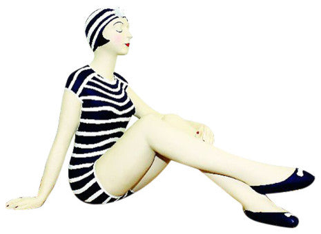 Retro Bathing Beauty Figurine Statue, 1920s Swim Suit Woman Navy White Stripe