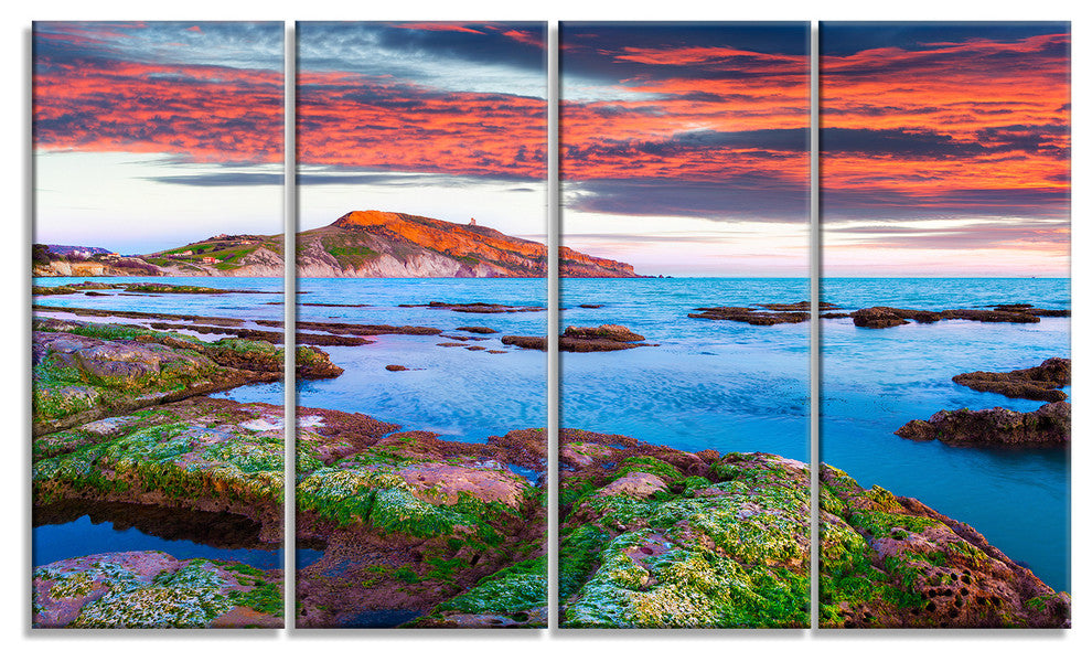 "Colorful Giollonardo Beach Sunset" Modern Seashore Wall Art, 4 Panels, 48"x28"