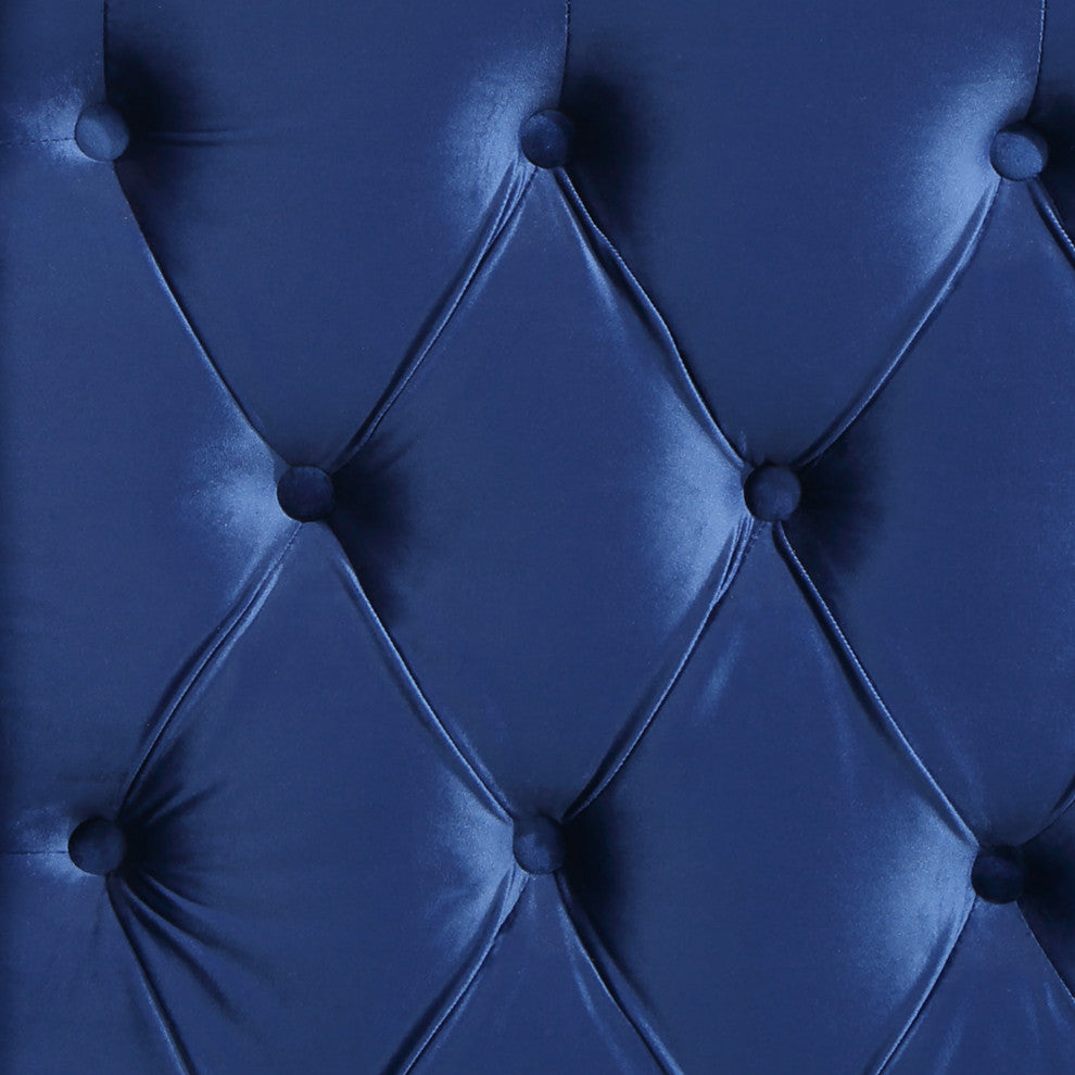Yuen Button Tufted Velvet Platform Bed, Navy Blue, Eastern King
