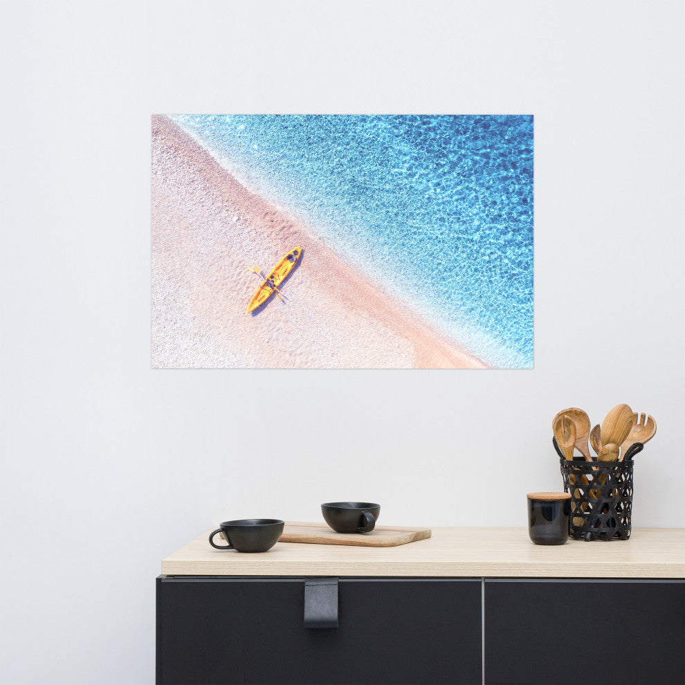 Yellow Canoe and Blue Sea by with Violet Glow Landscape Photo Loose Art Print, 24" X 36"