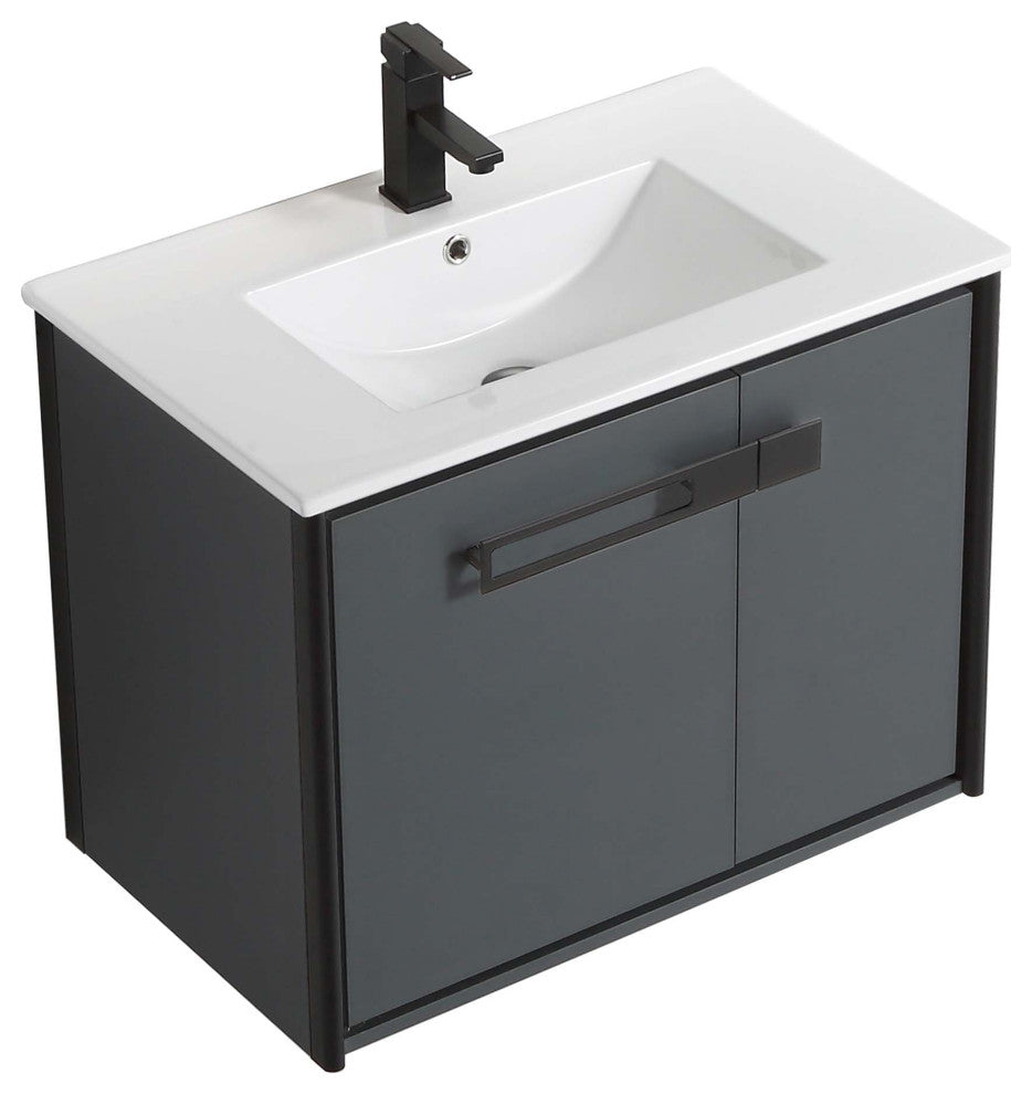 Oakville Wall Mount Bathroom Vanity, Onix Grey, 30", Black Hardware