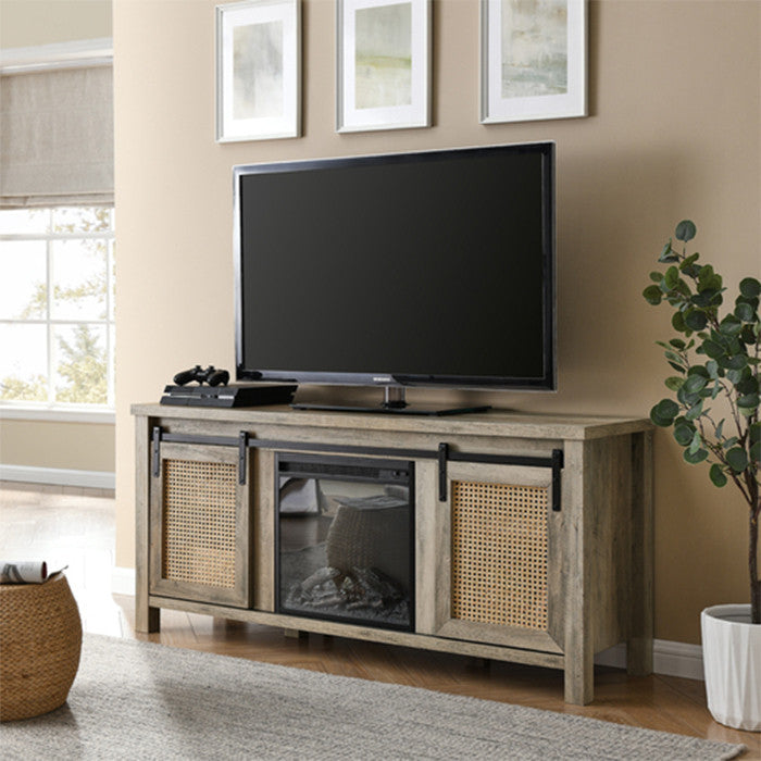 Farmhouse fireplace tv stand 65 inch grey Cabinet Door with wood 4 Storage Shelv