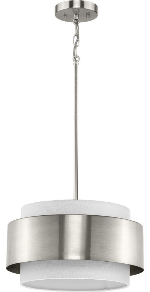 Silva Collection Three-Light Brushed Nickel White Linen Shade Pendant