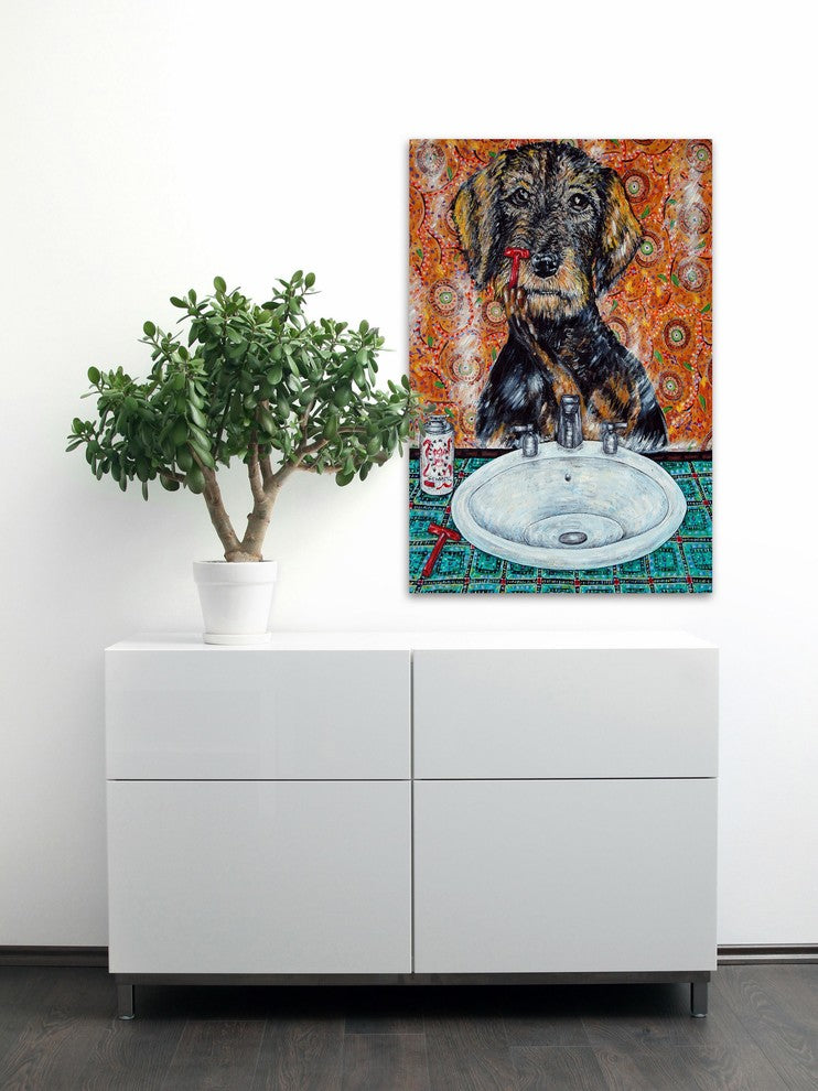 "Welsh Terrier Shaving" Painting Print on Wrapped Canvas, 16"x24"
