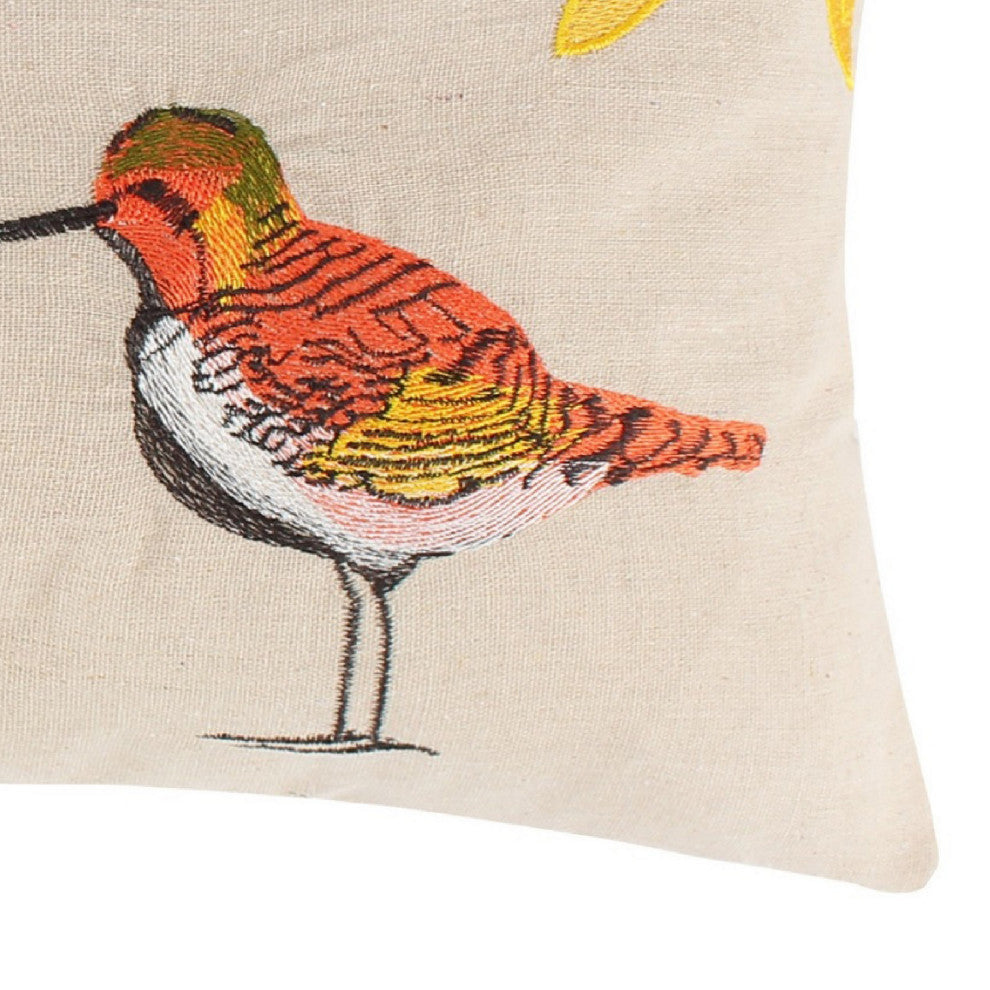 Benzara BM293457 Throw Pillow, Hand Embroidered Shorebirds, Canvas and Linen
