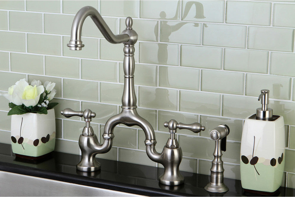 Kingston Brass Bridge Kitchen Faucet With Brass Sprayer, Brushed Nickel