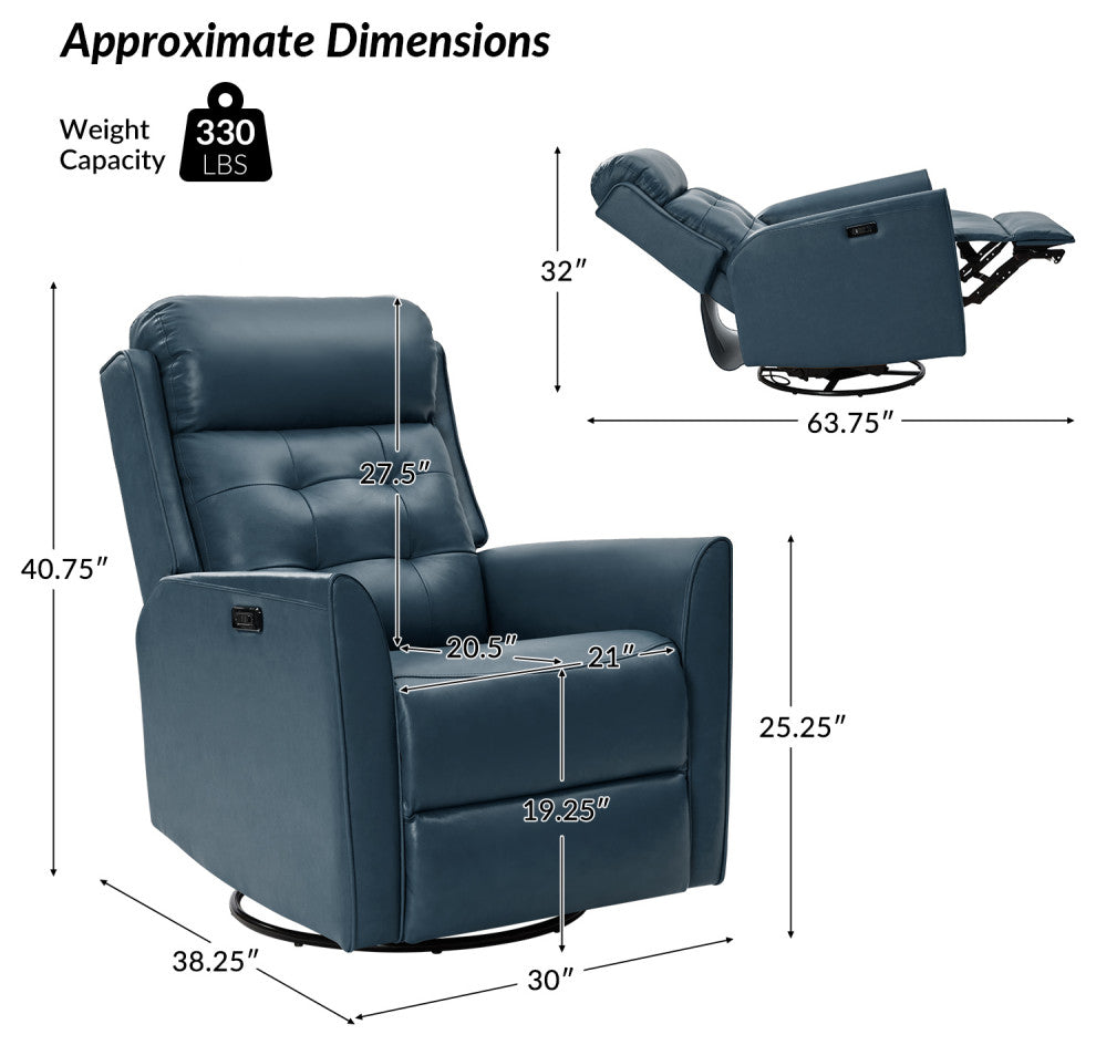 Mid-Century Leather Powered Recliner Armchair With Turfed Backrest, Turquoise