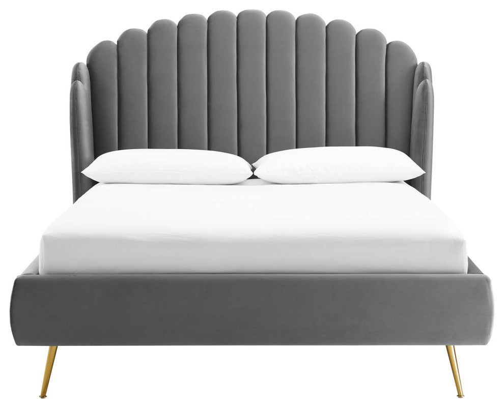 Platform Bed Frame, Queen Size, Velvet, Gray, Modern Contemporary, Bedroom