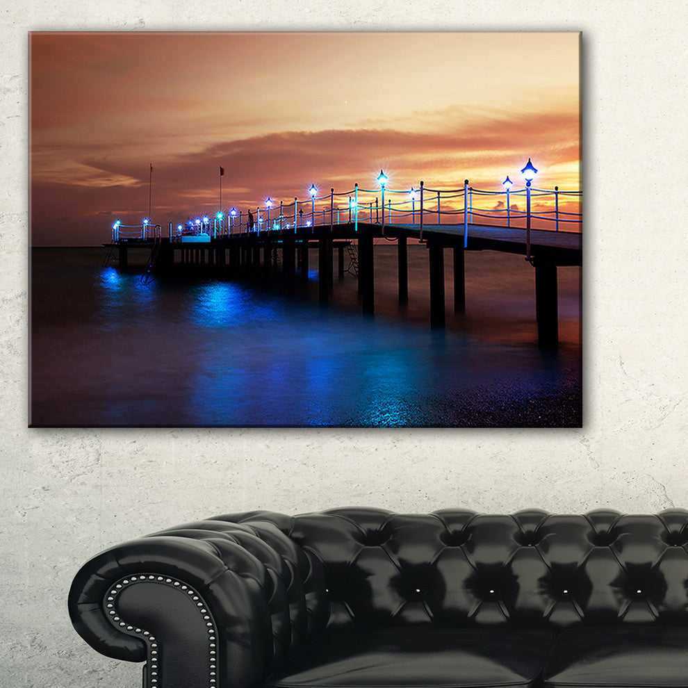"Blue Waters and Bridge At Sunset" Sea Bridge Wall Artwork, 40"x30"