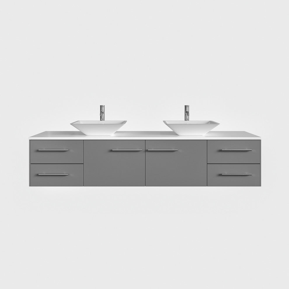 Totti Wave 60"Gray Modern Double Sink Vanity with White Glassos Countertop, 60"