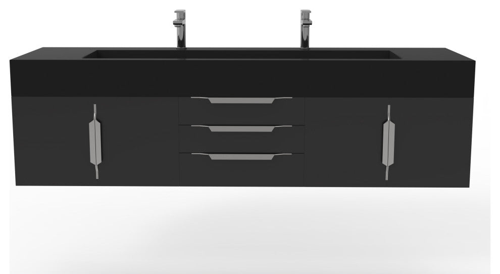 CastelloUSA Nile 72" Wall Mounted Bathroom Vanity Set, Black, Black Top, Chrome Handles