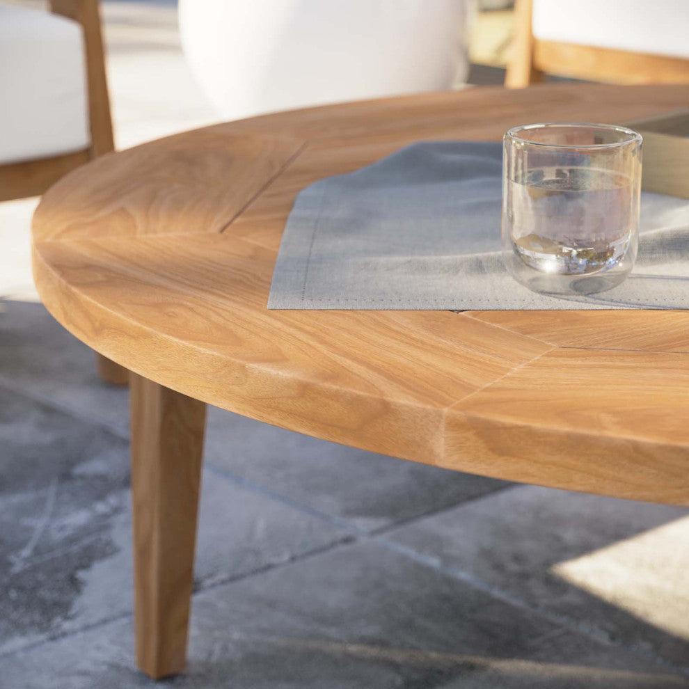 Lounge Coffee Table, Round, Brown Natural, Teak Wood, Modern, Outdoor Patio