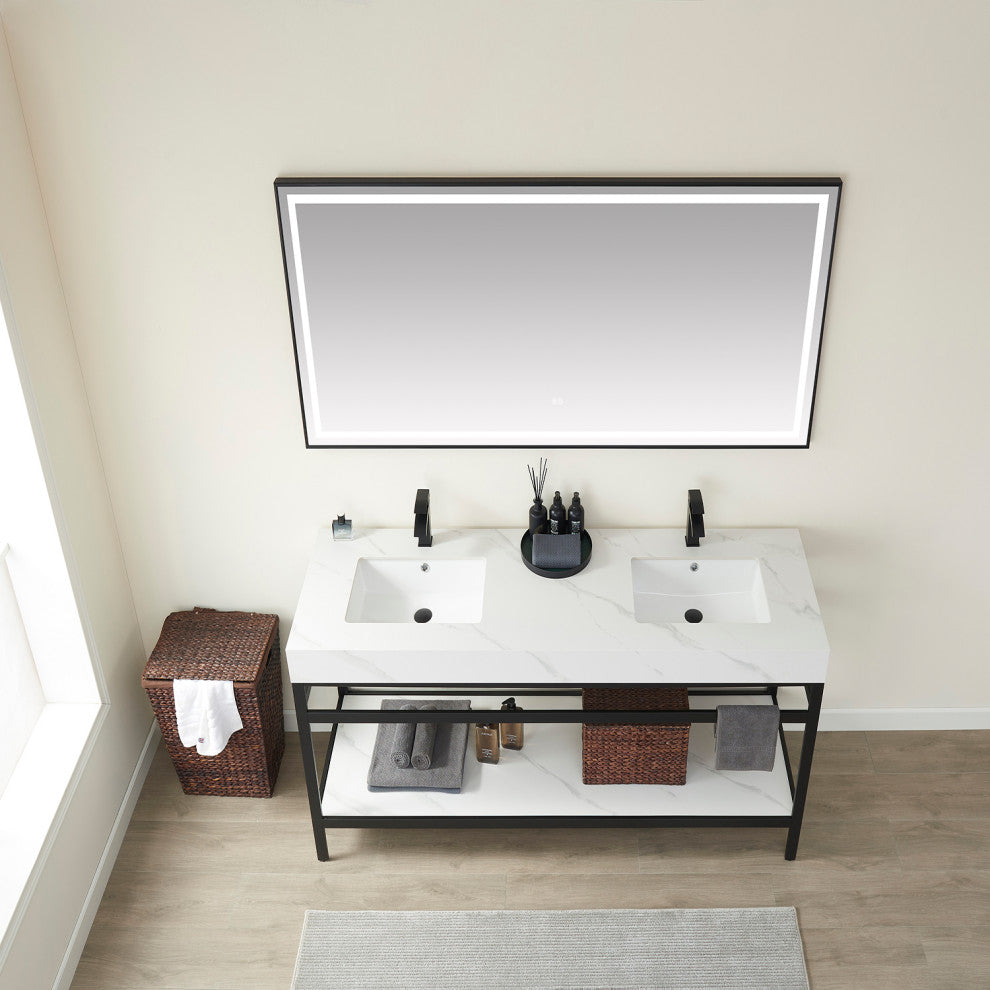 Funes Bath Vanity with Mirror, Matte Black Support, 72" Double Sink, White Stone Top