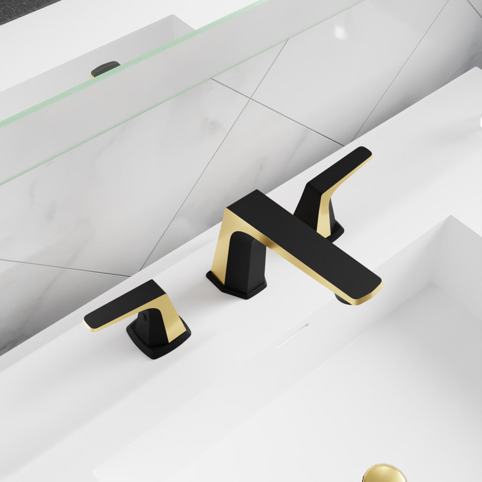 2-Handle 3-Hole Widespread Bathroom Faucet, Matte Black Brushed Gold